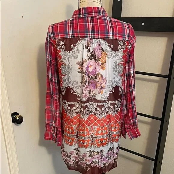 Aratta Silent Journey Red Plaid Floral Design Button-Up Mixed Media Shirt Boho - Picture 1 of 9